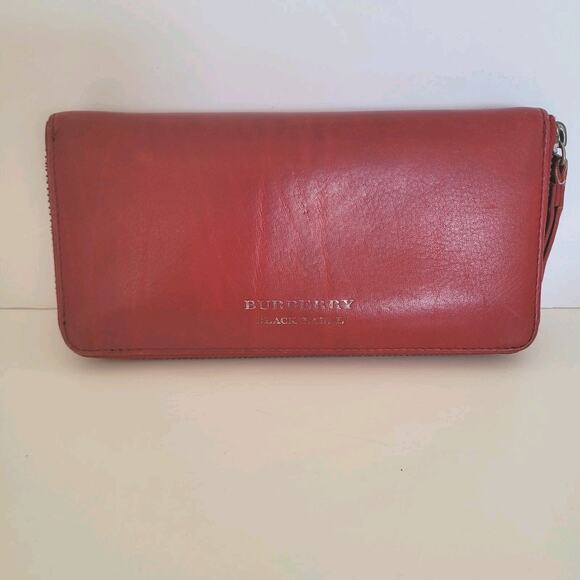 Burberry Black Label Leather Zip Around Wallet Red Clutch Logo Large Designer - Picture 1 of 13